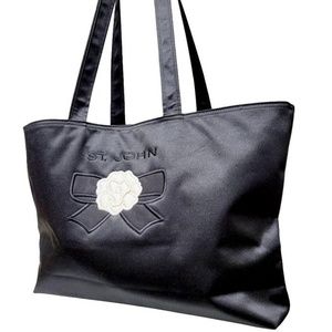 Vintage St John Black Satin Tote - White Flower Detail
